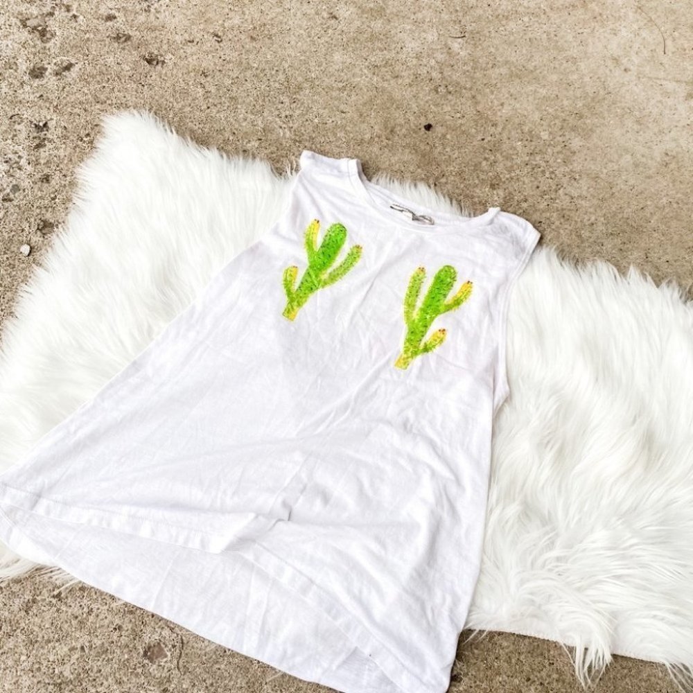 Express White Watercolor Cactus Tank Top Muscle Tee